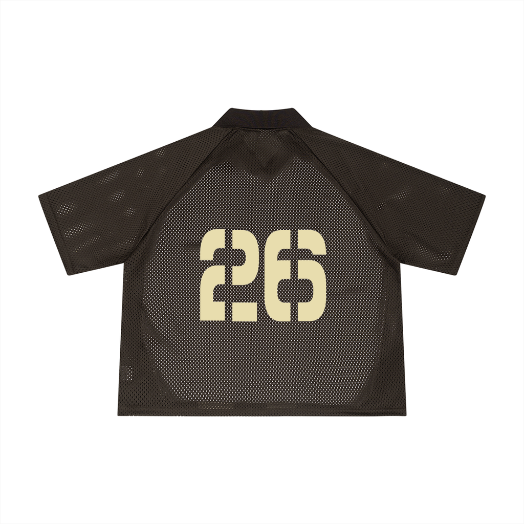 Brown mesh boxy soccer jersey with cream number 26, back