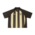 Brown and cream striped mesh boxy soccer jersey with +/or emblem, front