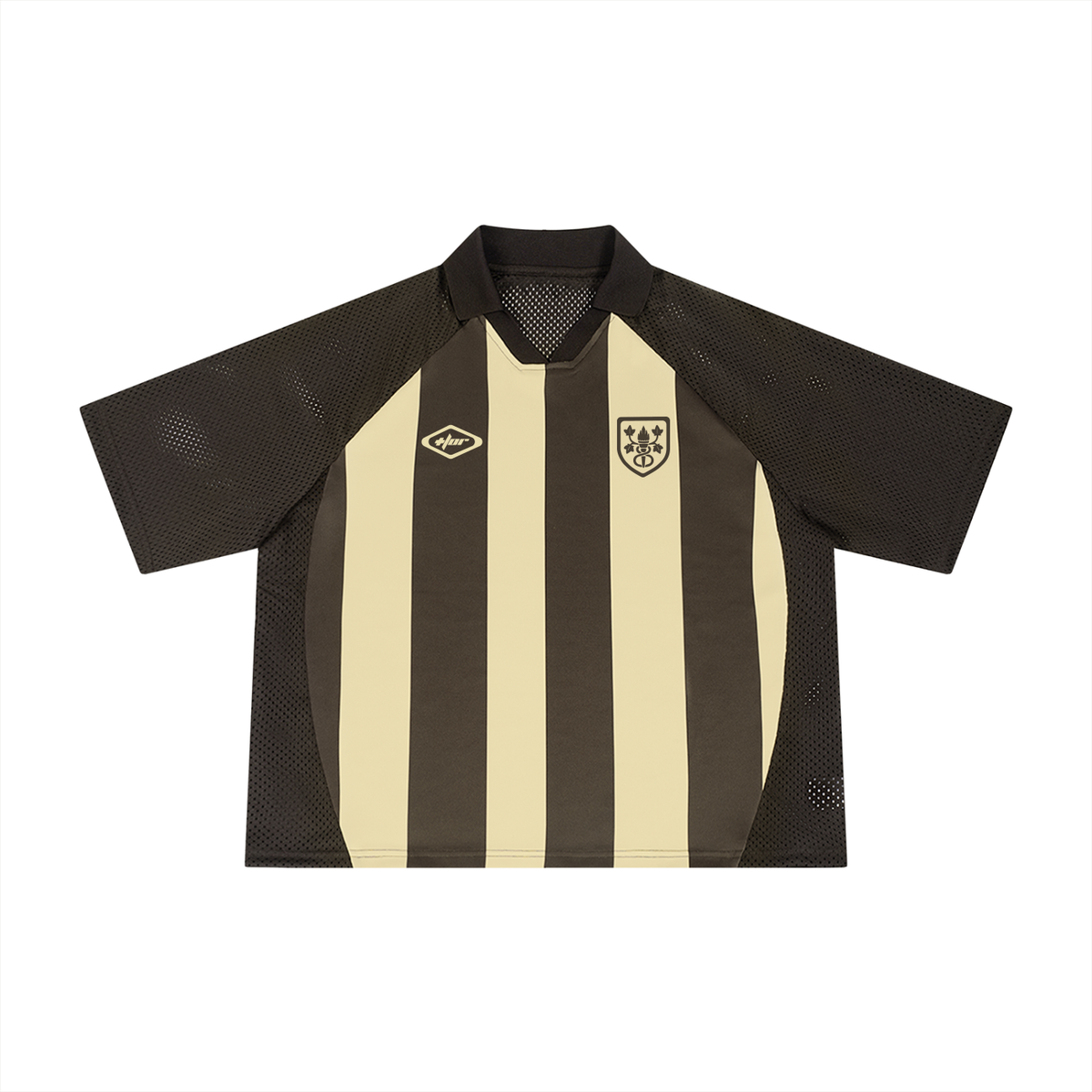 Brown and cream striped mesh boxy soccer jersey with +/or emblem, front