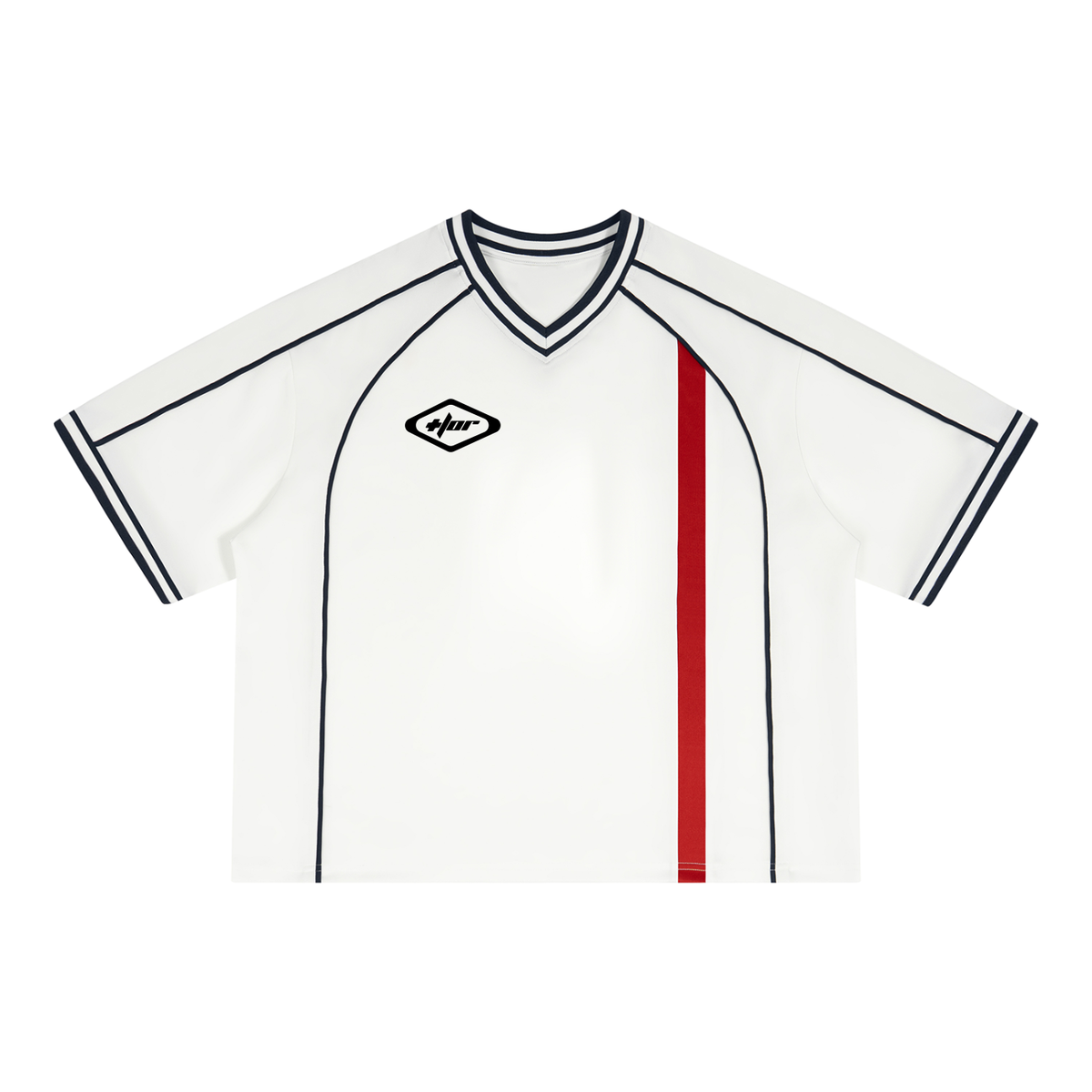White boxy V-neck soccer jersey with red stripe and +/or emblem, front
