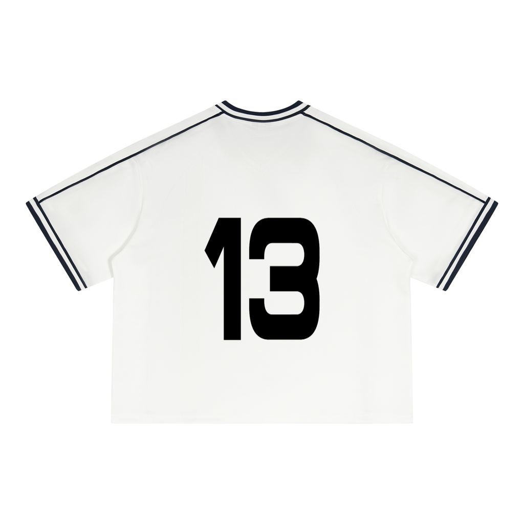 White boxy V-neck soccer jersey with number 13, back